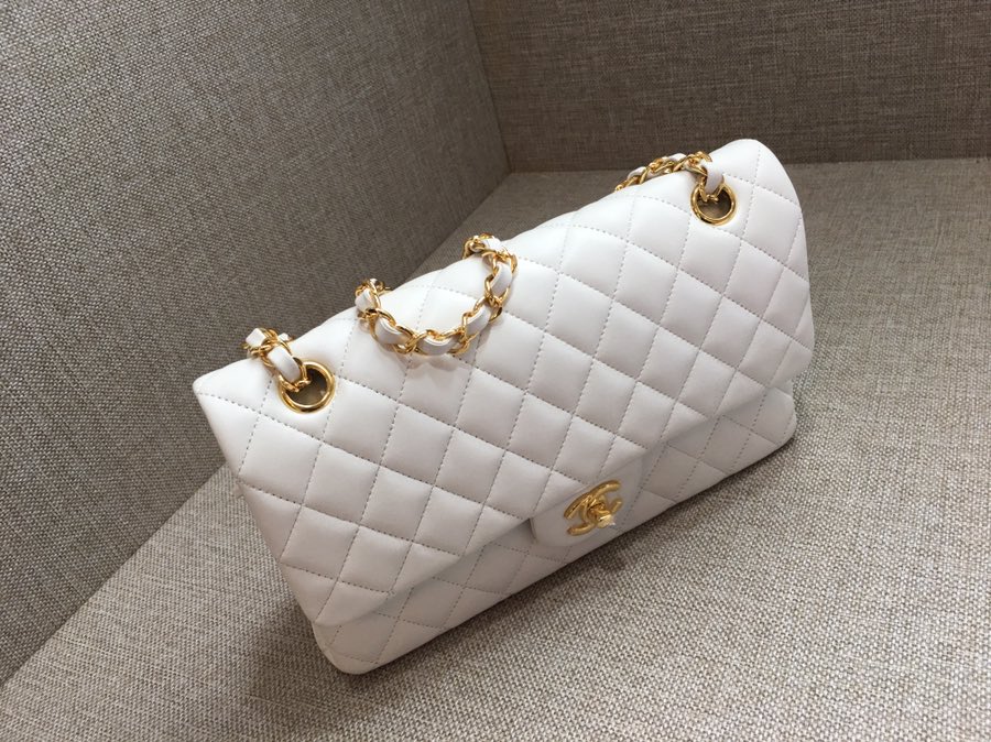 Medium Classic Flap Lambskin Bag AO1112 White/Gold